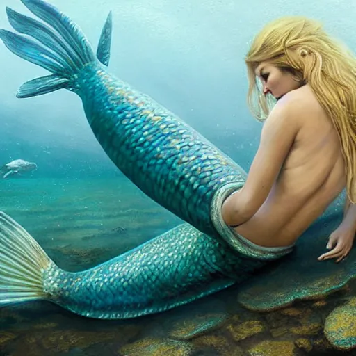 Prompt: High detail painting of a mermaid in a oyster, underwater fantasy world, full body, long blonde hair, blue eyes, fish tail, digital art, highly detailed, Greg Rutkowski, Chris Moore