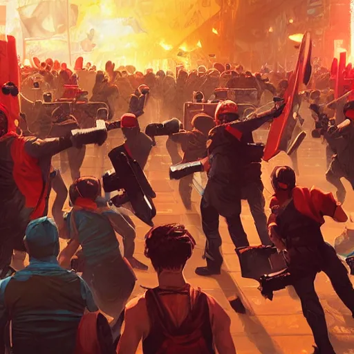 Image similar to angry rioters with placards, detailed digital illustration by greg rutkowski, fire, android netrunner