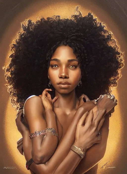 Image similar to portrait of a stunningly beautiful young black woman, highly detailed, 3 5 mm photo, artstation, concept art, sharp focus, 2 8 mm macro photo, art by artgerm and greg rutkowski and alphonse mucha, incredibly beautiful and symmetrical face, incredibly detailed, award winning art, royal