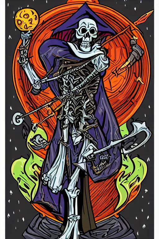 Image similar to Portrait of a evil skeleton that is a wizard casting a spell , wizard, medieval, sticker, colorful, casting epic spell, magic the gathering artwork, D&D, fantasy, artstation, heroic pose, illustration, highly detailed, simple, smooth and clean vector curves, no jagged lines, vector art, smooth
