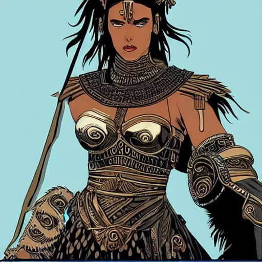 Prompt: greek amazon warrior, a tall beautiful woman with bronzed skin and long raven hair, dressed in leather and hellenistic armour, intricate, elegant, highly detailed, smooth, sharp focus, detailed face, high contrast, graphic novel, art by laurie greasley,