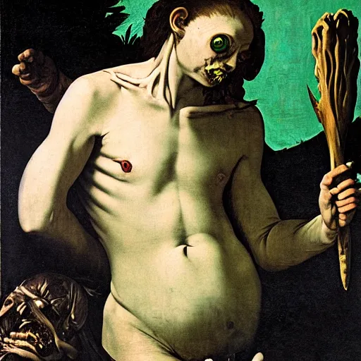 Image similar to painting by caravaggio of a drowned zombie holding a trident with glowing cyan eyes, wearing ragged clothing, holding a trident, underwater, pastel green and blue color palette