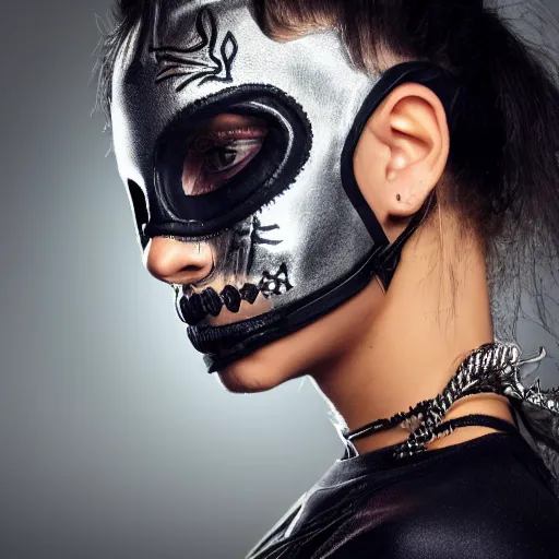 Image similar to very cool girl brilliant silver hair girl wearing a silver sugar skull mask techwear cyberpunk style outfit full body nose piercing detailed portrait intricate comp