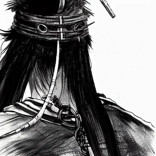 Image similar to a portrait from behind of a samurai man vagabond that holds chains, detailed, illustration, concept art, ink style, sketch