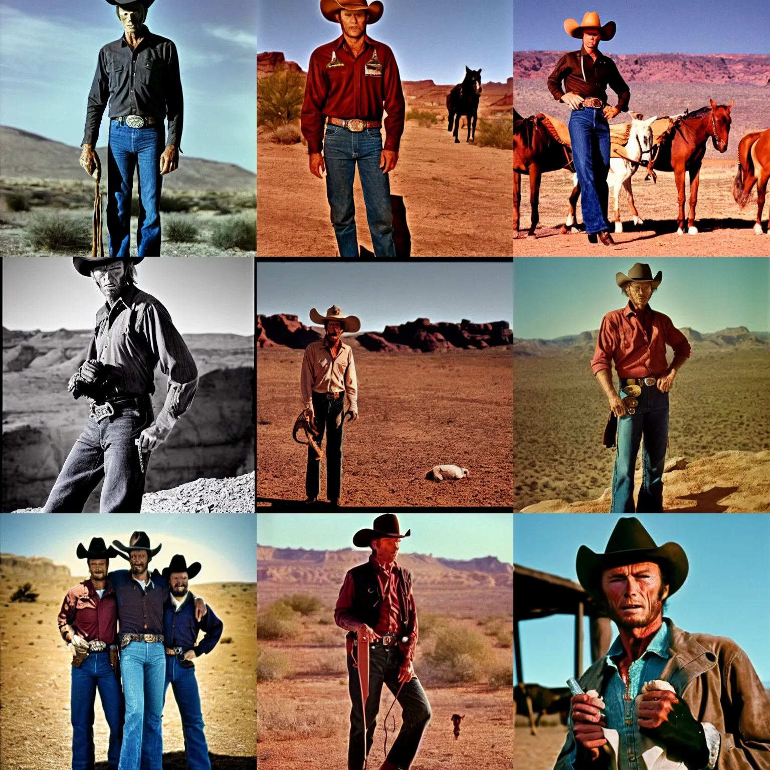 Prompt: still in color from 1 9 6 9 of clint eastwood as a cowboy, standing with hands on colts. desert in the background. cinematic, 5 0 mm lens 1 / 8 sigma