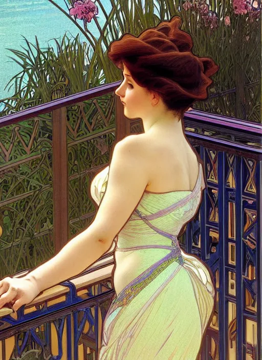 Prompt: pretty young woman leaning against the railing at the beach, path traced, highly detailed, high quality, digital painting, by alphonse mucha, disney