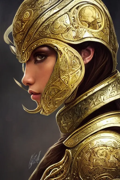 Image similar to attractive young female wearing an ornate metallic helmet, clothed in battle armor, olive skin, long dark hair, beautiful bone structure, symmetrical facial features, intricate, elegant, highly detailed, digital painting, trending on Artstation, concept art, smooth, sharp focus, illustration, art by artgerm and greg rutkowski and alphonse mucha