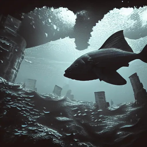 Prompt: underwater Edinburgh Castle, deep underwater, fish shoal, concept art in style of Greg Rutkowki, dynamic moody lighting, 4k, very highly detailed, hyper realistic