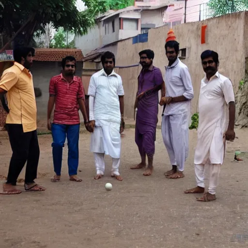 Prompt: four tamil friends playing a game of cricket, on an indian street