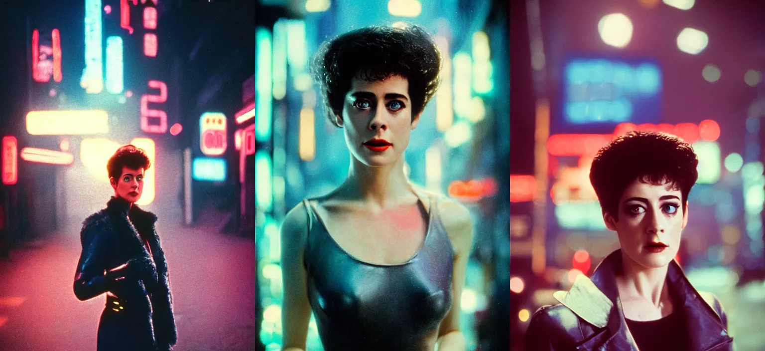 Prompt: A hyper realistic and detailed head portrait photography of a Rachael of Blade Runner, Sean Young, on a futuristic street. by Annie Leibovitz. Neo noir style. Cinematic. neon lights glow in the background. Cinestill 800T film. Lens flare. Helios 44m