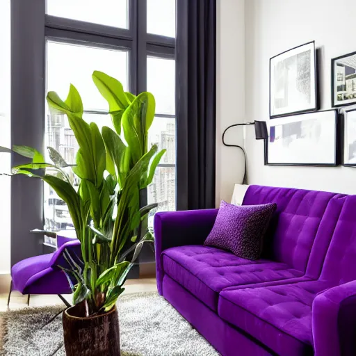 Image similar to award winning interior design city apartment, cozy, fabrics and textiles, deep purple accent color, book shelf, couch, desk, balcony door, plants, photograph magazine, wide angle