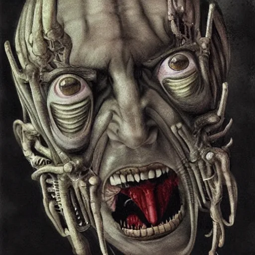 Image similar to Bodyhorror portrait by H.R.Giger of Vladimir Putin who became a degenerate horror Abomination, photo-realistic, color image, 2K, highly detailed