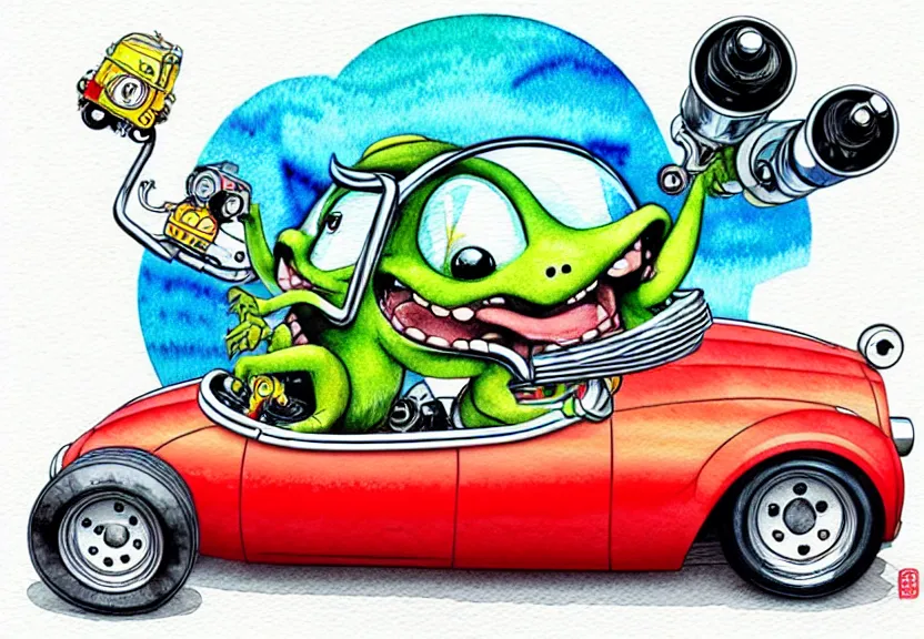 Image similar to cute and funny, rodent riding in a tiny hot rod coupe with oversized engine, ratfink style by ed roth, centered award winning watercolor pen illustration, isometric illustration by chihiro iwasaki, edited by range murata