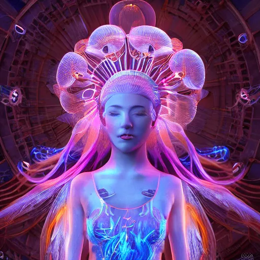 Image similar to Full body photo of the most beautiful goddess, she has a jellyfish phoenix head's, by Tooth Wu, trending on Artstation, digital art, symmetrical artwork, cinematic, hyper realism, high detail, octane render, 4k, 8k