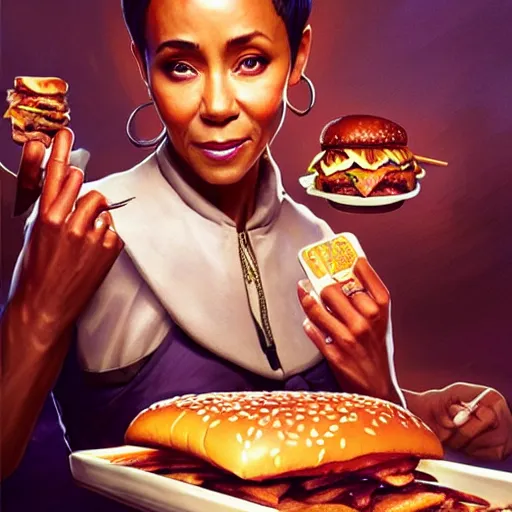 Prompt: Jada Pinkett Smith Eating Big Macs, dripping BBQ Sauce, serving burgers, D&D, fantasy, intricate, elegant, highly detailed, digital painting, artstation, concept art, matte, sharp focus, illustration, hearthstone, art by Artgerm and Greg Rutkowski and Alphonse Mucha