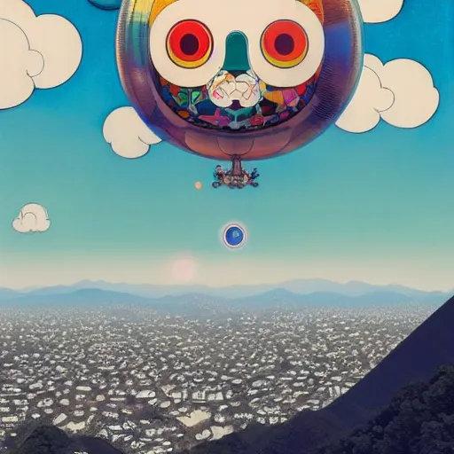 Image similar to a man walking on clouds away from the camera above kyoto by takashi murakami, beeple and james jean, aya takano color style, 4 k, super detailed, modern, 4 k, symmetrical