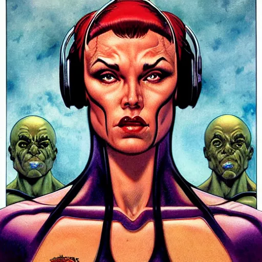 Image similar to Frontal portrait of Atom Eve from Invincible, by Gerald Brom and Norman Rockwell