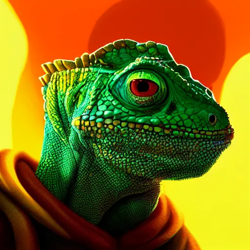Image similar to close up portrait of an epic young chameleon lizard as a human wizard, pixar style, stylized face, intricate detail, digital painting, glowing orange eyes, vivid color, neon colors, particles floating, background by wlop, artwork by ross tran and liam wong and mike winklemann, trending on artstation