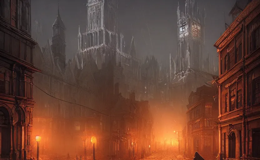 Image similar to Victorian city streets night, bloodborne, Raphael Lacoste