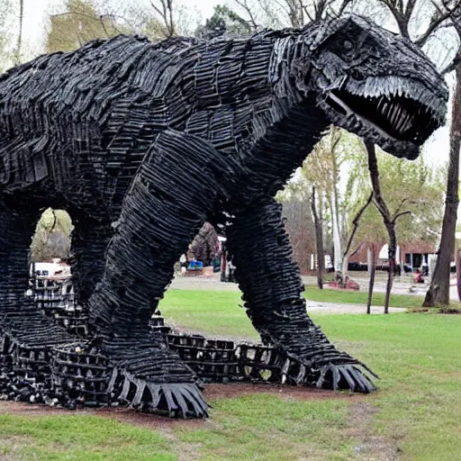 Prompt: photograph of a tyrannosaurus made of tires, recycled tire sculpture