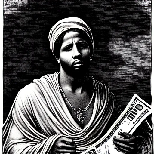 Image similar to lil durk rapper holding stacks of cash, biblical image, style of gustave dore, highly detailed, beautiful, high contrast, black and white