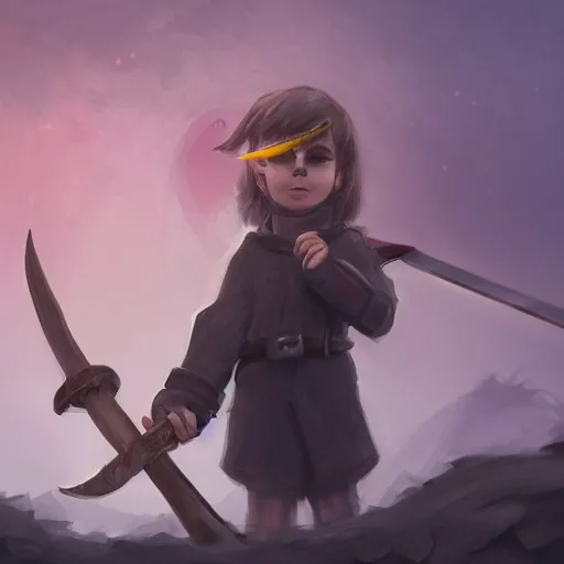 Prompt: A kid putting an eyepatch and waving a wooden sword, standing on a rock in the entrance of a forest, digital art, trending on artstation