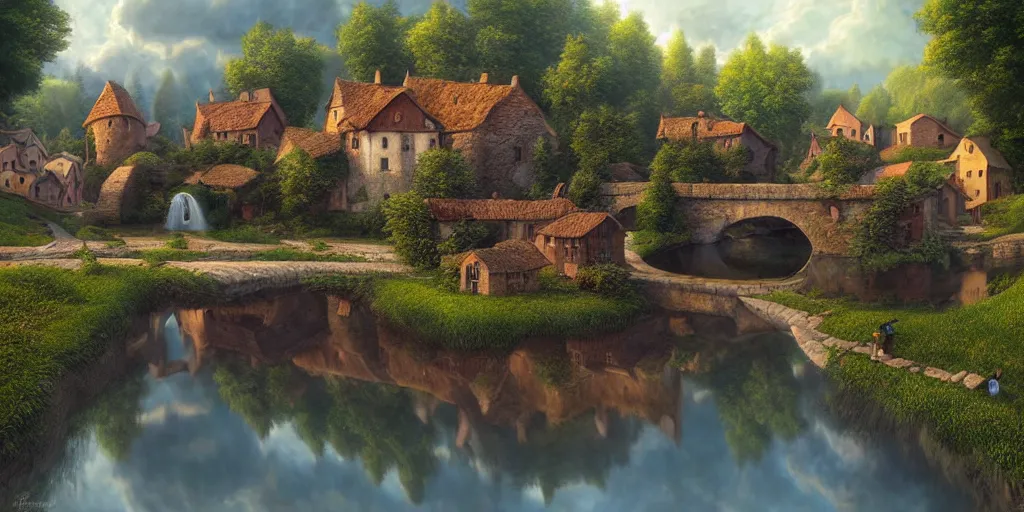 Image similar to super realistic photorealistic detailed village with a river, water, reflection, stone bridge, art by Gediminas Pranckevicius, Michelangelo