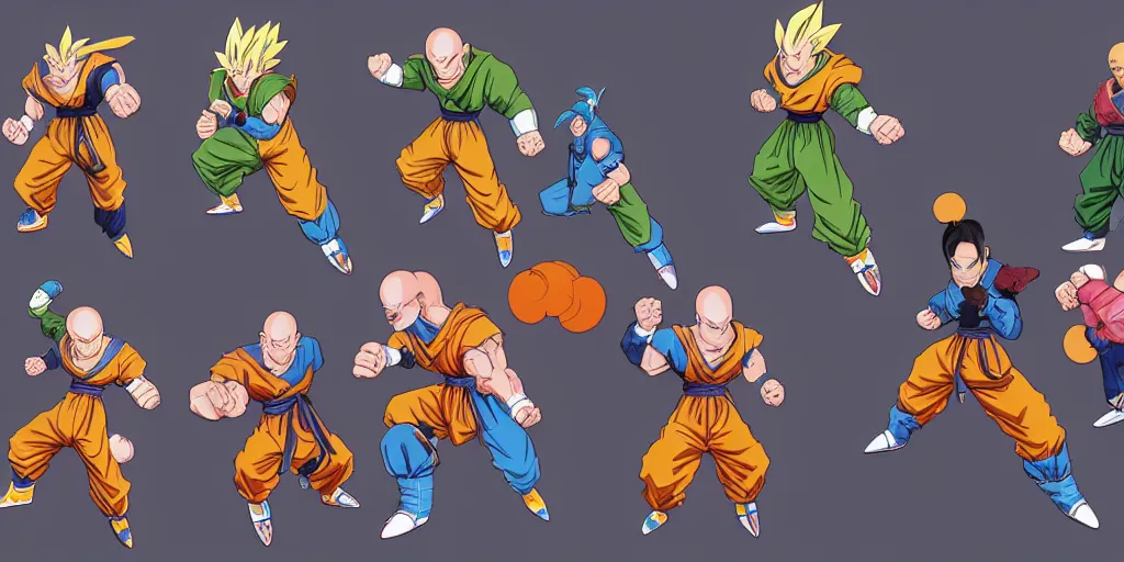 Image similar to isometric dragon ball character design, idle, colored, sprite sheet, tekken, pc game, sideview, art by moebius and greg rutkowski.