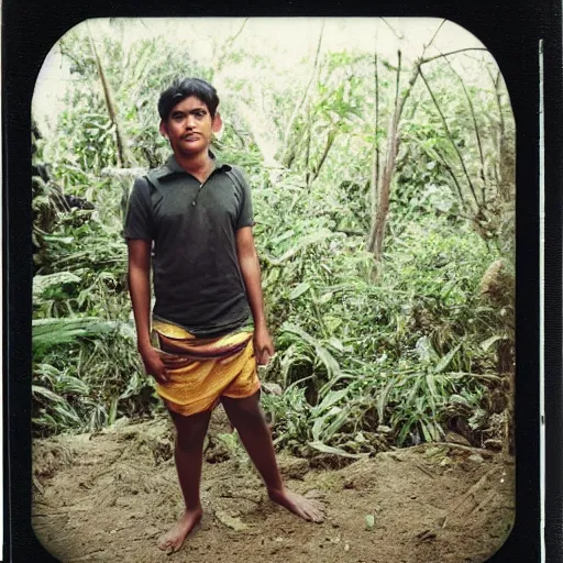 Prompt: a professional polaroid full body photo of a sri lankan jungle girl, black hair, light freckled skin and a look of panic on his face. extremely high fidelity. key light.