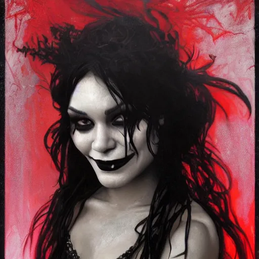 Image similar to beautiful portrait of vanessa hudgens as death from sandman, smiling, by cedric peyravernay, alphonse mucha, by jeremy mann, by lecouffe deharme, goth chic, soft lightning, eyeliner, punk rock, high detailed, 8 k