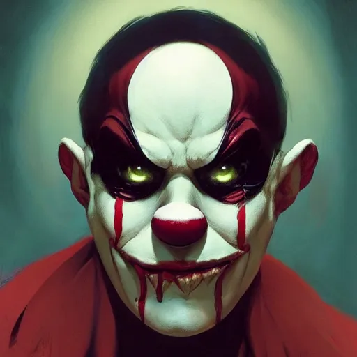 Image similar to 4k headshot portrait of Spawn clown from Macfarlane comics by Craig Mullins, ilya kuvshinov, krenz cushart, epic , artgerm trending on artstation by Edward Hopper and Dan Mumford and WLOP and Rutkovsky, beksinski carl spitzweg moebius and tuomas kocar, intricate artwork by caravaggio, Unreal Engine 5, Lumen, Nanite , 4K headshot of godlike clown with defined arms and open hands and bloody clothes with giant mandala wings , intricate face , flawless anime cel animation by Kentaro Miura, psychedelic , highly detailed upper body , professionally post-processed , beautiful, scary, symmetry accurate features, epic, octane rendered, anime masterpiece, accurate