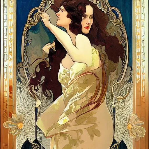 Prompt: an art nouveau painting in the style of mort kunstler, and in the style of charlie bowater, and in the style of alphonse mucha. floral patterns. gold leaf. symmetry, smooth, sharp focus, semi - realism, intricate detail.
