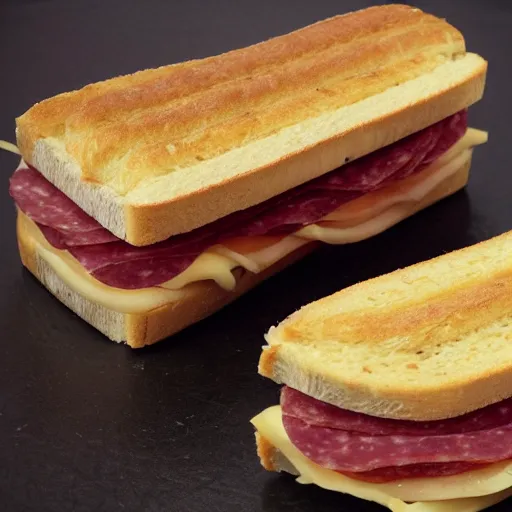 Prompt: a sanwich with salami and cheese inside