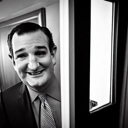 Prompt: Ted Cruz with a wide grin peaking through a door in the distance, black and white, creepy lighting, scary, horror, ornate, eerie, fear