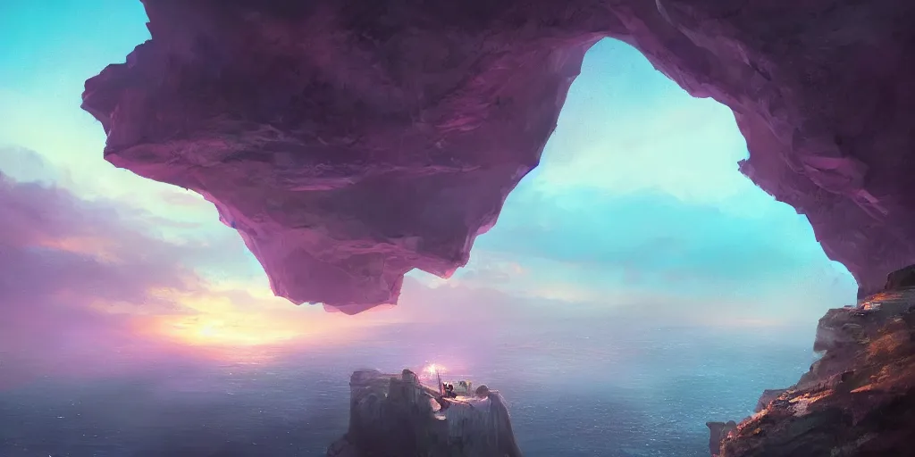 Prompt: a cavern on the edge of a cliff overlooking the ocean at night by Jessica Rossier, purple color scheme, trending on artstation