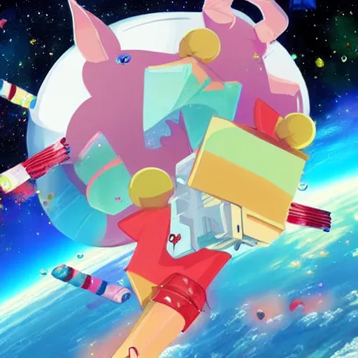 Image similar to Howl's Moving Candy Castle In Space With Flying Pigs, trending on pixiv