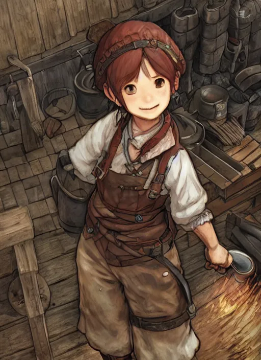 Image similar to character portrait of a blacksmith tomboy at the smithy, hidari, color page, tankoban, 4K, tone mapping, Akihiko Yoshida.