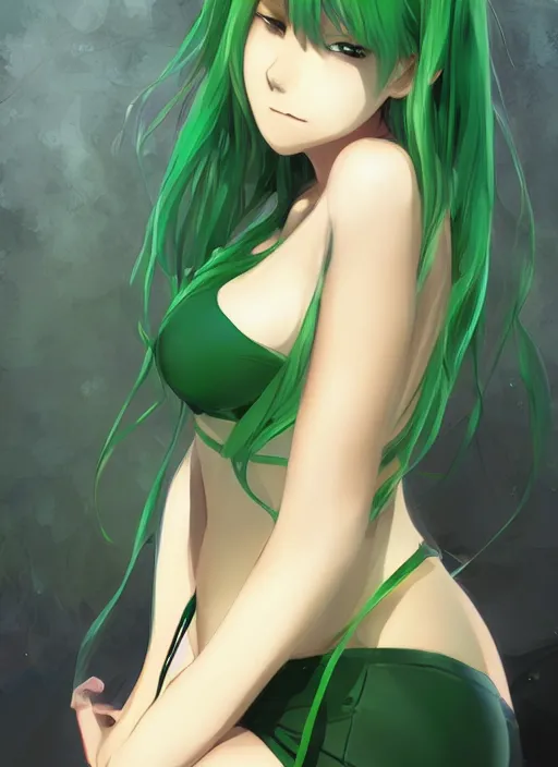 Prompt: anime girl with green hair wearing bikini, detailed character portrait, anime style, by makoto shinkai, by wenjun lin, by studio ghibli, gorgeous face, digital art, fanart