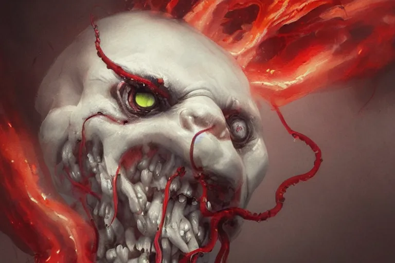 Image similar to painting by greg rutkowski of a flying crying human head and face that is chalk white in color, with tentacles coming of the neck, fiery red eyes, flying in a terrying hell like cavernous place