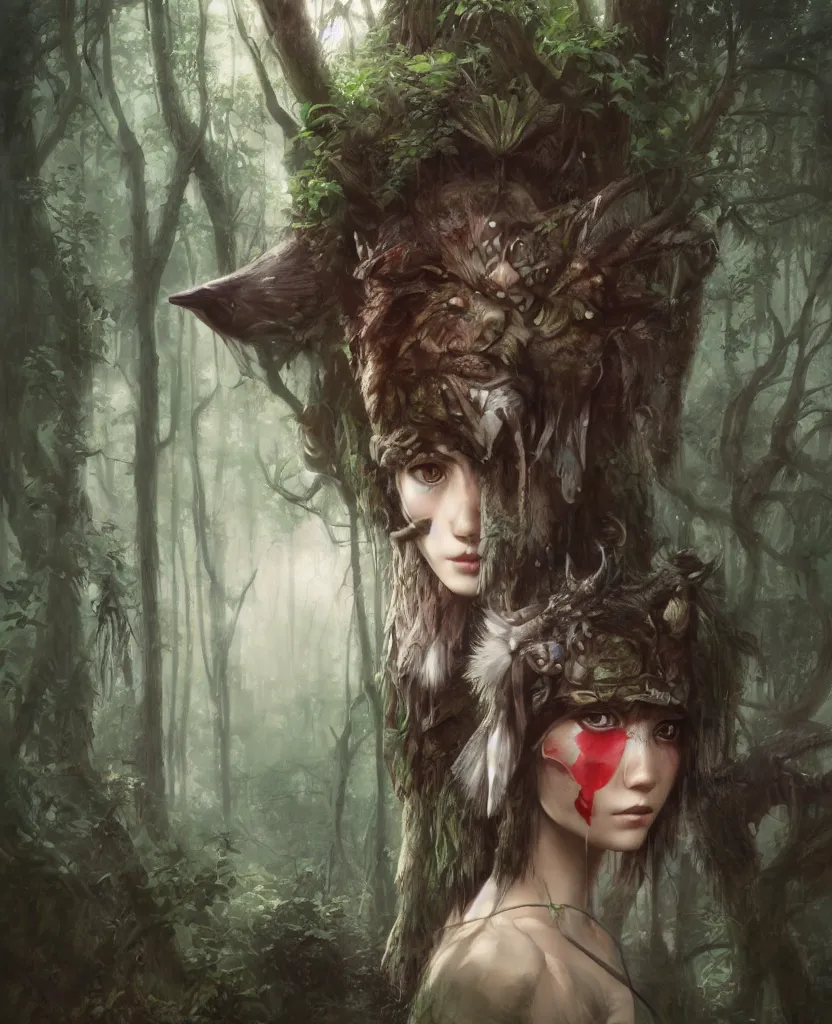 Prompt: portrait of Princess Mononoke wearing mask, lush forest landscape, painted by tom bagshaw, proko, artgerm, norman rockwel, james gurney, denoised, sharp,