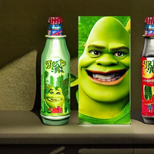 Image similar to an advertisement for a shrek soda, with the theme and taste of shrek , soda bottle with a small illustration based on the shrek pasted on the packaging, award winning, studio light, 4K