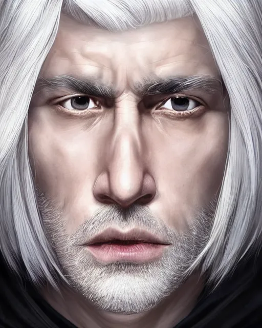 Prompt: portrait of 4 0 - year - old man with white hair with a pale complexion, pointed face and grey eyes, wearing black clothes, hyper realistic face, beautiful eyes, character art, art by artgerm lau and wlop and and ilya kuvshinov and john singer sargent, hyperdetailed, cryengine, trending on artstation, digital art