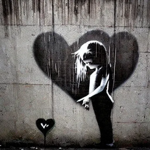 Image similar to exploding heart in several pieces, sadness, dark ambiance, by Banksy