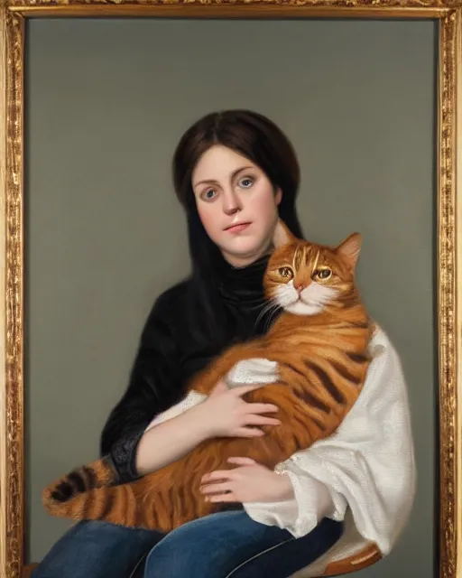 Prompt: an expensive oil painting portrait of a woman wearing jeans and holding a cat in her lap, seated, soft lighting, muted background, classical