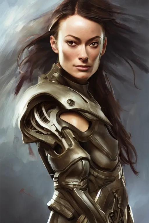 Image similar to a professional painting of a young Olivia Wilde, clothes in military armor, olive skin, long dark hair, beautiful bone structure, symmetrical facial features, intricate, elegant, digital painting, concept art, smooth, sharp focus, illustration, from StarCraft by Ruan Jia and Mandy Jurgens and Artgerm and William-Adolphe Bouguerea