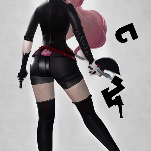 Prompt: portrait of 2B nier automata as harley quinn wearing skintight clothes from behind, trending on artstation, artstationHD, artstationHQ