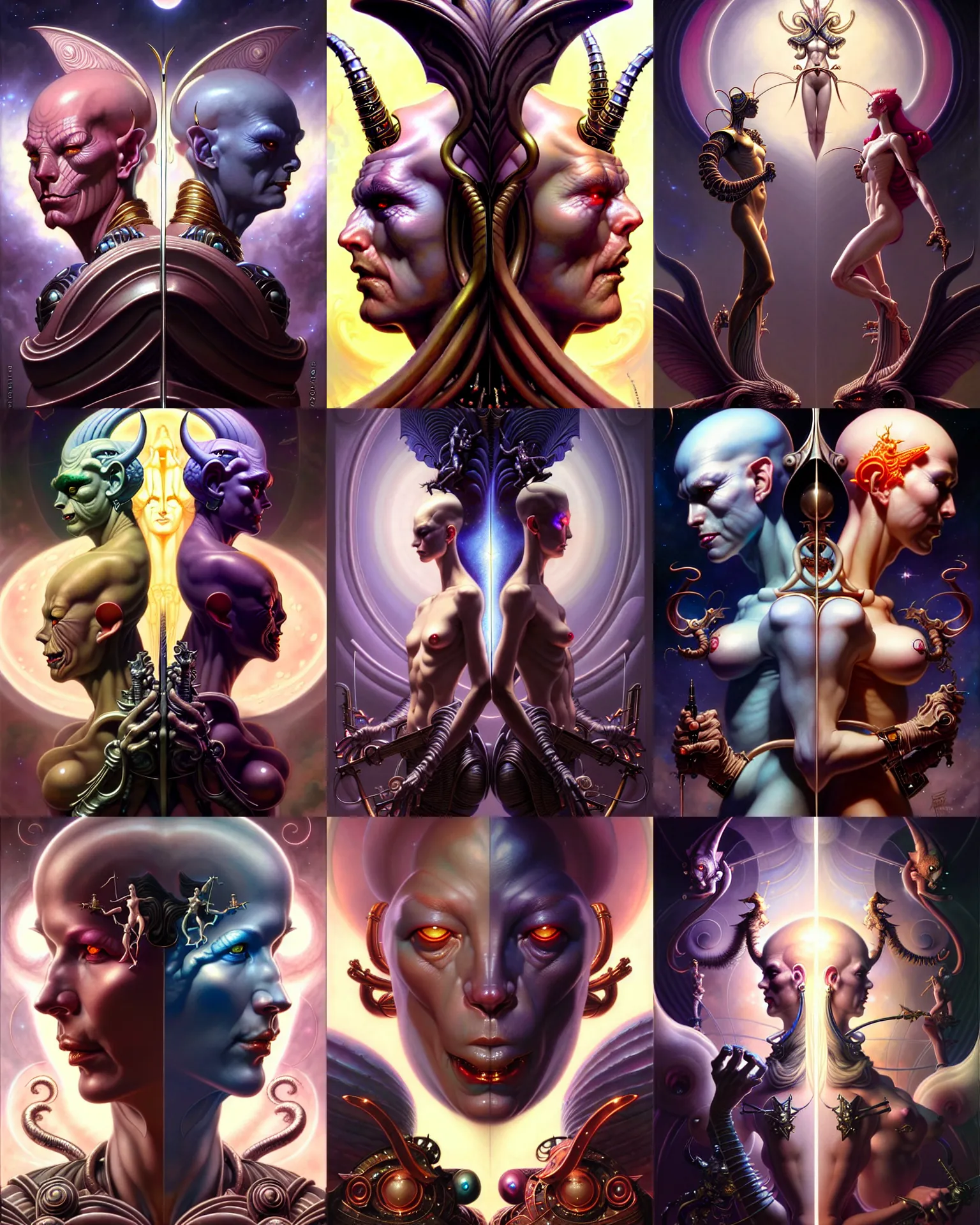 Image similar to beautiful gemini good and evil fantasy character portrait, ultra realistic, wide angle, intricate details, the fifth element artifacts, highly detailed by peter mohrbacher, hajime sorayama, wayne barlowe, boris vallejo, aaron horkey, gaston bussiere, craig mullins