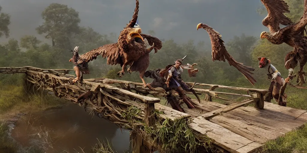 Image similar to two peasant heroes flee across a rickety wooden bridge from a giant eagle who swoops down in pursuit with talons extended. Pixar and Disney animation, sharp, Rendered in Unreal Engine 5, new video game concept art, redshift, dramatic lighting