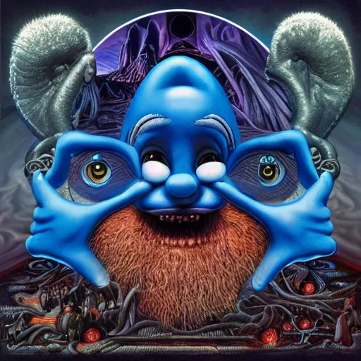 Prompt: the smurfs on tool album cover, 8 k resolution hyperdetailed scary dystopian surrealism style of alex grey