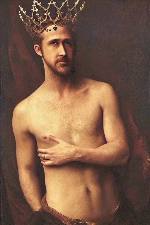 Prompt: Gorgeous full-body renaissance portrait of Ryan Gosling as a king of fantasy kingdom with Crown of thorns on his head, beautiful face, pretty face, Perfect face, fine details, front view, gold, artstation, very beautiful, luxurious, impressive, soft light, dazzling, divine, elegant, by Valentin de Boulogne and Giovanni Battista Piazzetta